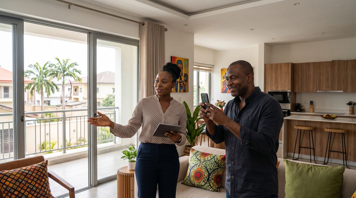 Agent walking a client through an apartment while he photographs it