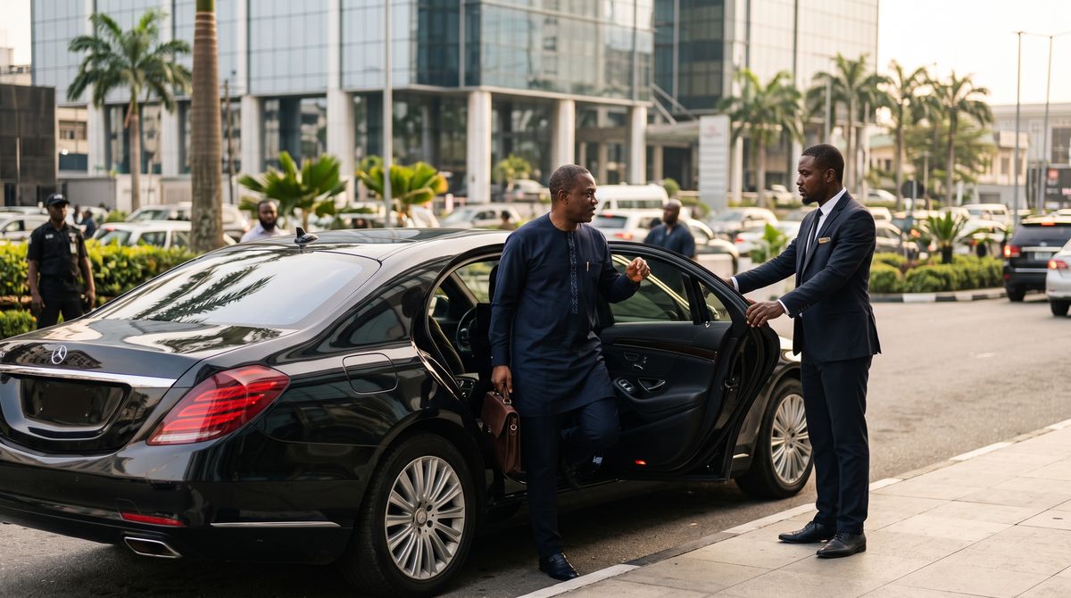 Chauffeur holding the car door for an executive with a briefcase