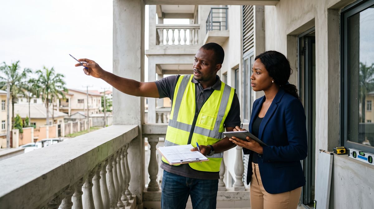 Site supervisor in a hi-vis vest briefing a client on building works